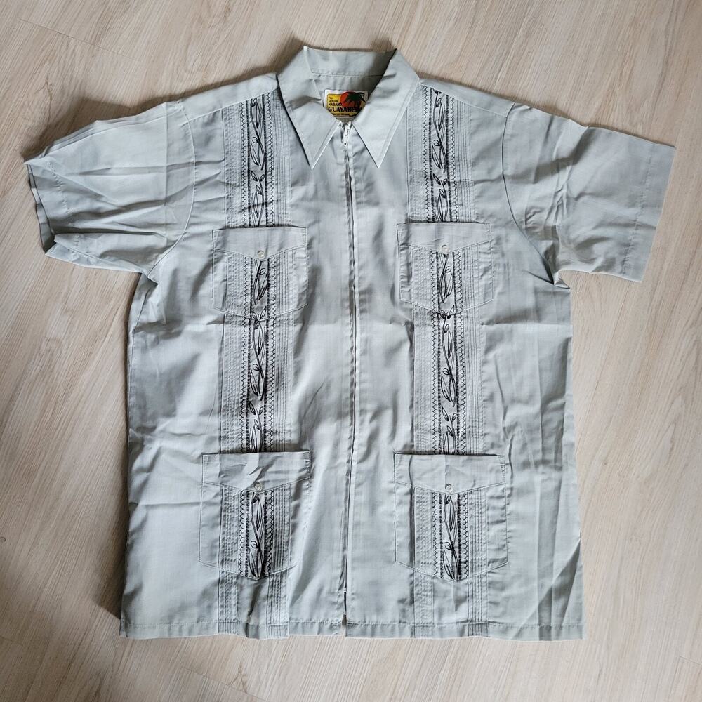 The Genuine Haband Guayabera Zipper Blue Cigar Embroidered Cuban Men's Shirt-Med